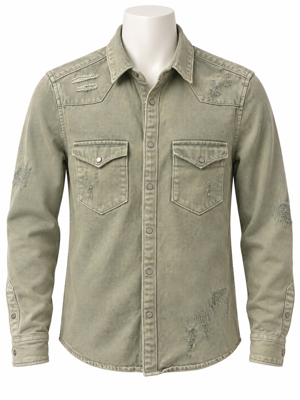 ZARA Men’s Small Sage Green Distressed Denim Shirt Jacket Relaxed Fit